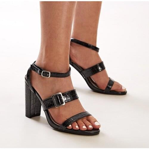 New Design Snake Print PU Leather Round Toe Women Sandals Fashion Ankle T-Strap Square Heel Elegant Dress Shoe Size35-42