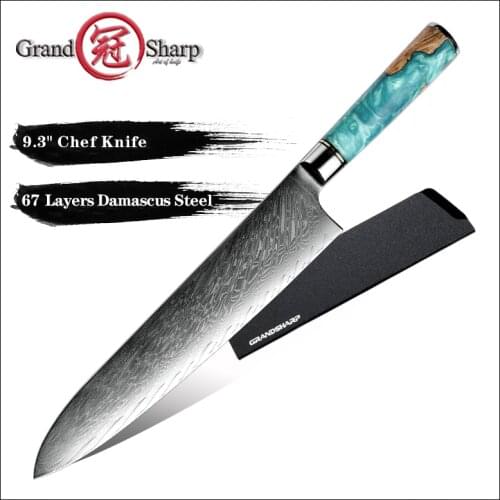 Grandsharp 9.3‘’ Damascus Chef Knife High Carbon Steel 67 Layers VG10 Japanese Chefs Kitchen Gyuto Knives Cooking Tools Gift