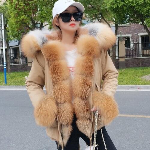 Parka Jacket Women Real Fur Coat Hooded Good Faux Liner Outwear Khaki Red Fox Fur 2020 New Natural Parka Winter Collar Long Type
