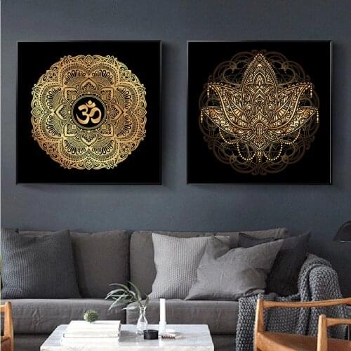 Religion Art Canvas Paintings Gold and Black Mandala Lotus and Modern Prints Wall Art Pictures for Living Room Home Decoration