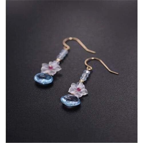 DAIMI Sky blue water drop topaz earrings gemstones female genuine yellow 18K gold color treasure earrings