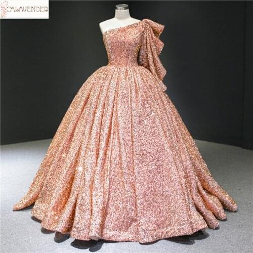 Sparkly Prom Dresses One Shoulder Ball Gown robe de bal femme longue with Sweep Train Formal Dress Women Elegant