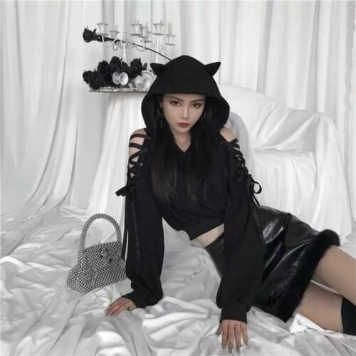 SXGOTH Hoodie Sudaderas Halloween Clothes Emo Fall Cyber Pull Oversize Cheap Pullovers Baggy Off The Shoulder Hollow Punk Black