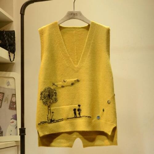 Spring Solid Womans Sweater Vests Sleeveless Casual V-Neck Ladies Vests Print Knitted Pullovers Vest with Buttons for Female