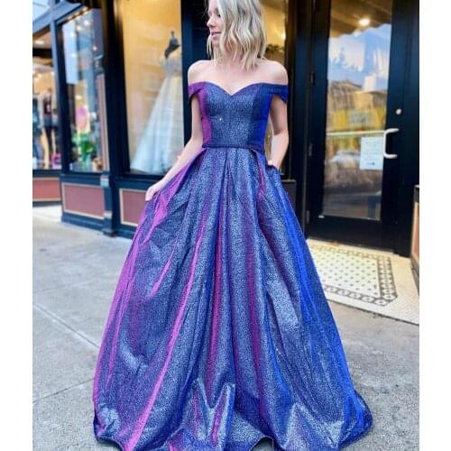 Vkbridal Elegant Off Shoulder Long Royal Blue Prom Dresses A-Line Pleated Party Dresses Zipper Back Formal Evening Gowns