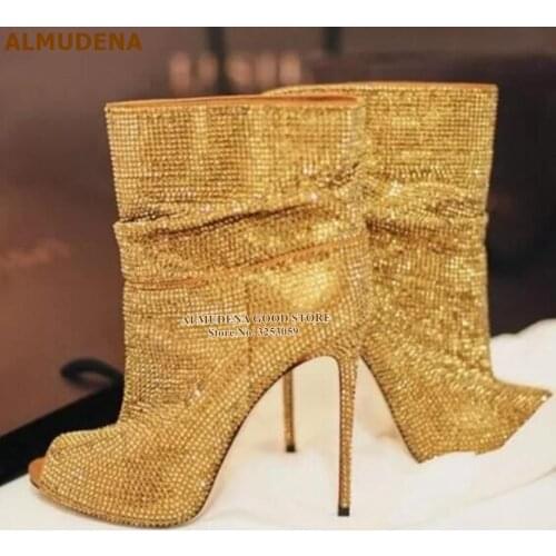 ALMUDENA Women Gold Silver Crystal Ankle Boots Open Toe Folded Loose Dress Boots Stiletto Heels Bling Bling Motorcycle Boots