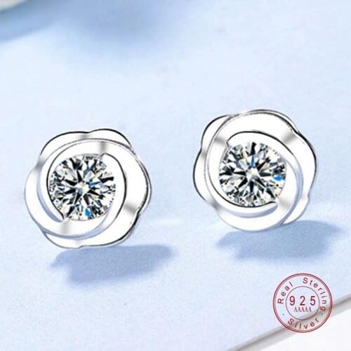 Flash Big Crystal silver plated Rose Flower Stud Earing Fashion Jewelry Cubic Zirconia Earrings For Women Fashion Jewelry Gift