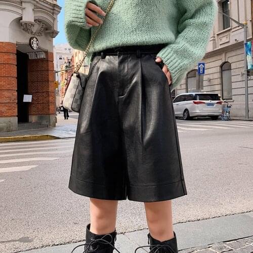 PU Leather Shorts Womens Autumn Winter High Waist Loose Five Points Leather Trouser Plus Size S-4XL Short Femme