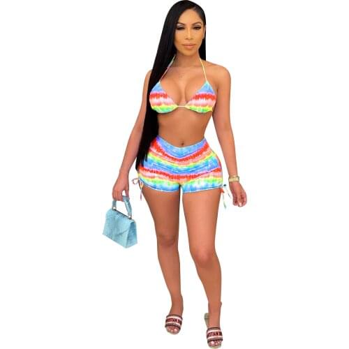 Skirt Bikini Split Swimsuit Suspender Stripe Rainbow Print Bandage New Arrival 2021 Sexy Swimwear Women Two Piece Bathing Suit