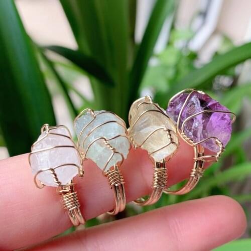 Wire Wrapped Crystal Rings Natural Stone Irregular Rock Purple Quartz Resizable Healing Amethysts Fluorite Women Finger Ring