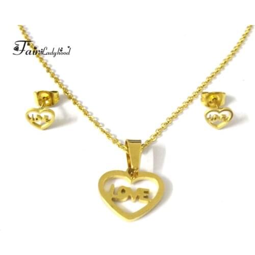 Fairladyhood Heart Pendant Necklace Earrings For Women Jewelry Sets Fashion Stainless Steel Gold-Color Chain Necklace Party