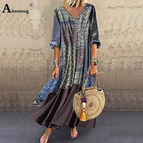 2020 Summer Women Maxi Long Dress Wrist Sleeve Boho Print Fake Sets Party Dresses Plus size Female Vintage Loose V-neck Dress