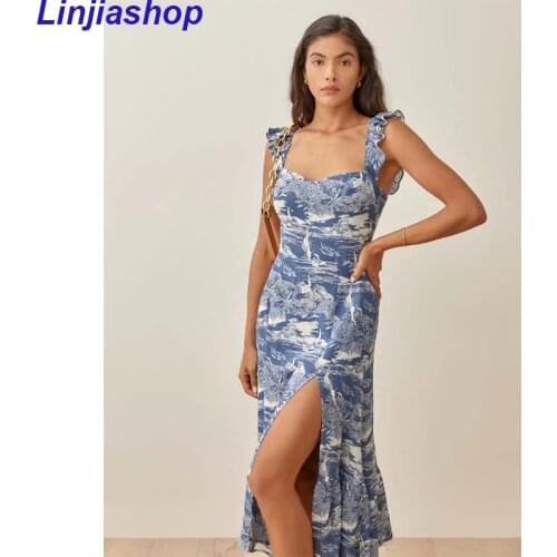 Elegant Blue Floral Print Ruffles Vestidos Vintage Tank Split Dresses Retro Sleeveless Women Dress