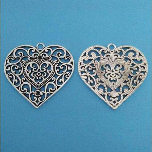 10 x Tibetan Silver Large Hollow Filigree Heart Charms Pendants for Necklace Jewelry Making Findings 58x55mm