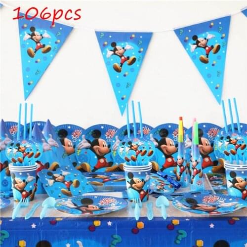106pcs/lot Mickey Mouse Cartoon Disposable Tableware Sets Kids Birthday Party Decorations Flags Hats Noisemaker Blowout Supplies