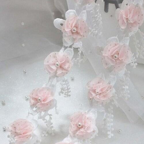 15Yards 3D Chiffon Flower Applique Blossom Embroidered Tassel Fringe Lace Trim Floral Pearls Sewing Fabric Wedding Decor