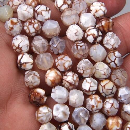 8MM 15" Natural Stone Big Faceted Coffee White Dragon Agates Loose Spacer Beads Charm For Jewelry Making Bracelet Accessories
