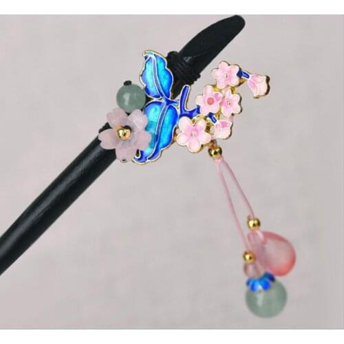 Antique Cloisonne Enamel Kanzashi Long Tassel Step Shake Ancient Costume Headdress Hairpin Hair Stick Flower Hanfu Accessories