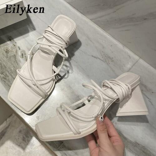 Eilyken High Quality Sandals Women Summer Fashion Square Open Toe Narrow Band Ankle Strap Sriangle Heels Ladies Lace-up Shoes