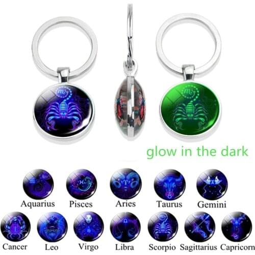 Luminous Zodiac Signs Keychain Double Sided Glass Cabochon Cancer Leo Scorpio Constellation Keyring Jewelry Birthday Gifts