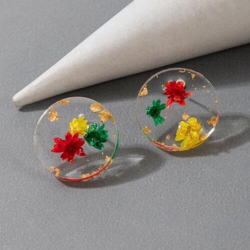 Women Round Transparent Dried Flower Plant Stud Earrings Jewelry Accessories