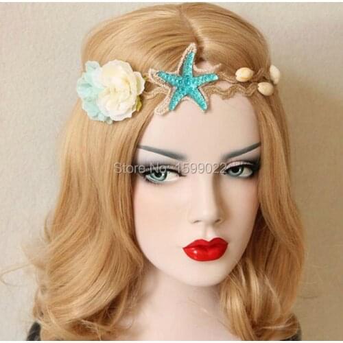 Chic Stretchy Acrylic Starfish Headband Fabric Rose Flower Conch Shell Hair Accessories Coastal Beach Wedding Headpiece Headwear