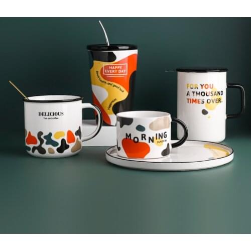 Ceramic mug with lid spoon coffee cup creative personality trend ins simple office water cup coffee mug with lid