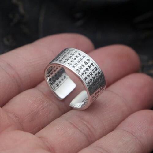100% 999 Silver Buddhist Heart Sutra Ring Solid pure Silver Ring Good Luck Ring Unisex Lovers Resizable