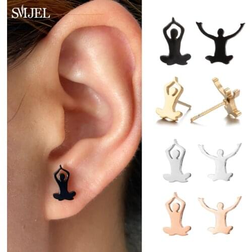 Mini Mens Ankh Yoga Stud Earrings for Women Sports Ear Asymmetric Jewelry Stainless Steel OM Symbol Earring Casual Unisex Gifts