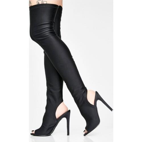 MKKHOU Fashion Over the Knee Boots Womens New Black Sexy Fish Mouth Tight Stretch Boots 12cm High Heel Long Boots Large Size