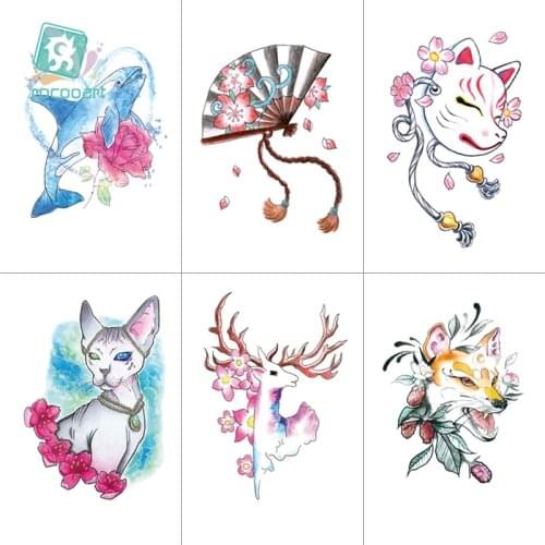 1PCS Colored Animal Tattoo Little Vintage Old School Style Cat Deer Temporary Tattoo Sticker Body Art Water Transfer Fake Taty