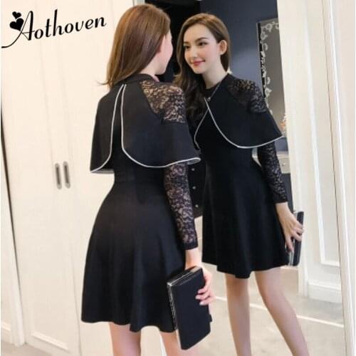 Autumn Black Red Cloak Patchwork Lace Dress For Women O Neck Long Sleeve Sexy Party Dress Vintage Bandage Mini Dresses Vestidos