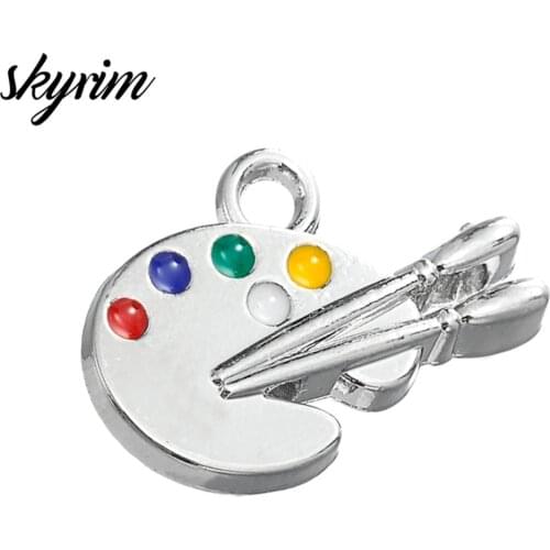 Skyrim 5Pcs/lot Zinc Alloy Artist Paint Palette and Paint Brush Enamel Charms for Jewelry Making Wholesale Price