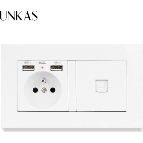 PC Plastic Panel French Standard Socket with 2 USB + 1 Gang RJ45 CAT5E Internet Computer Data Connector