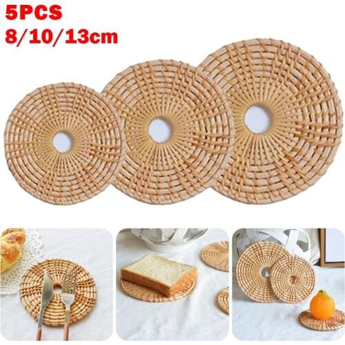 5Pcs Rattan Coaster Kitchen Tablemat Round Cup Placemats Rustic Handmade Coasters for Kitchen Table Drinks Pad Home Decoration