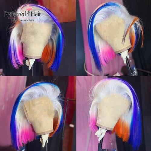 Preferred Rainbow Highlight Lace Front Wig Preplucked 4X4 Closure Wig Brazilian Remy Blue Ombre Short Human Hair Wigs For Women