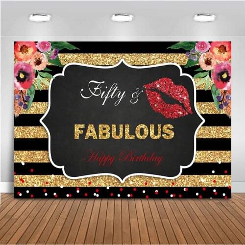 Fifty Fabulous Party Backdrop for Photography Black and Gold Stripe Background for Photo Booth Studio Flower Birthday Theme Prop
