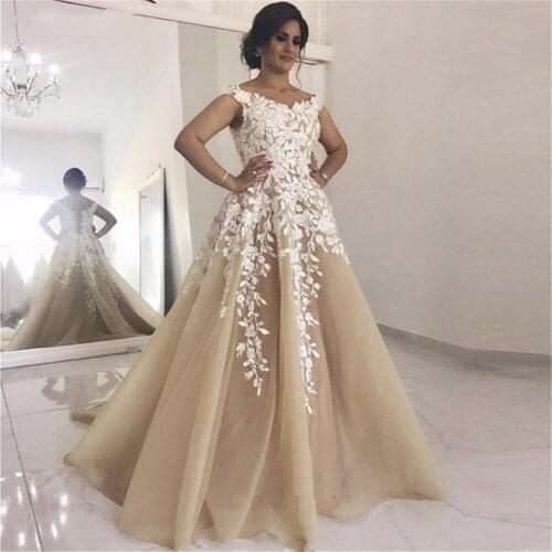JIERUIZE A line Wedding Dresses Scoop Neck Appliques champagne Wedding Gowns Bride Dresses vestidos de novia