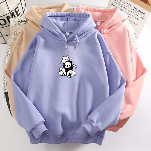 Cartoon Skull Print Sweatshirt Cat Winter Oversized Hoodie Purple Women Gothic Aesthetic Clothing Harajuku Sweetshirt for Girls
