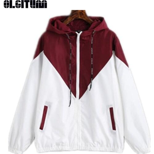 New Spring Autumn 2020 Hooded Patchwork Windbreaker Jacket Casual Zipper Pockets Long Sleeves Feminino Coats Outwear JK601