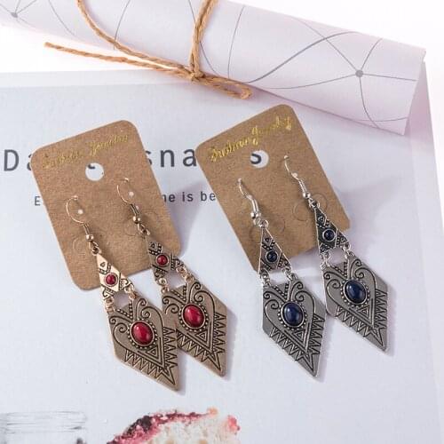 Vintage Triangle Rhombus Geometric Earrings For Women Indian Metal Pendant Carved Heart Pattern Earrings Jewelry Accessories