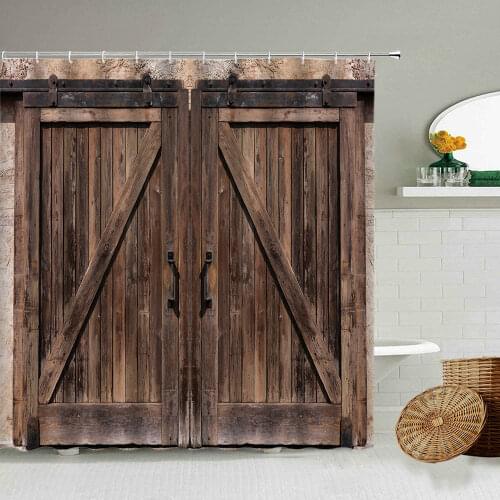 Retro Old Geometric Wooden Door Shower Curtain Country Farmhouse Barn Wood Board Bathroom Decoration Blackout Waterproof Screen