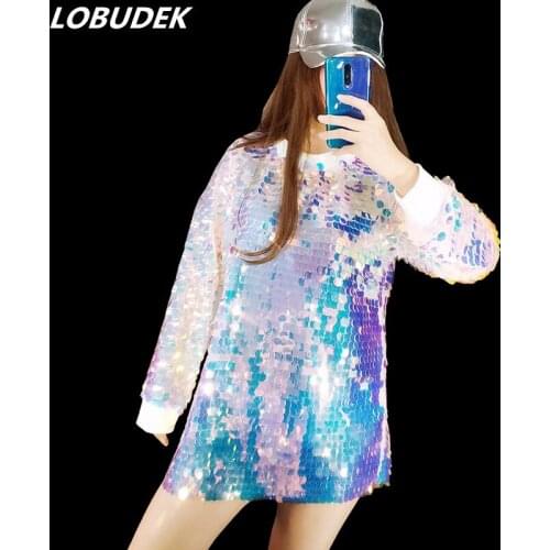 Women Colorful Sequins Long Sleeve T-Shirt O-neck Sequined Loose Long Tops Jazz HIP HIP Dancer Costume Dance Stage Wear T-shirts