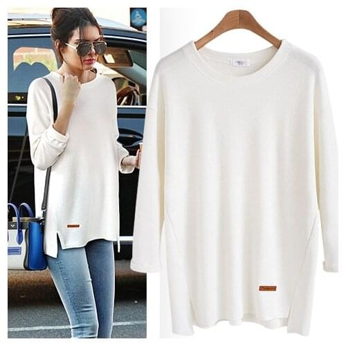 2019 European And American-Style Plus-sized Womens Clothing Spring And Autumn Solid Color T-shirt Womens Loose And Plus-sized