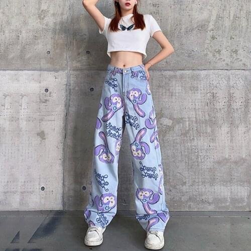 Purple Rabbit Print Denim High Waist Blue Long Wide Leg Straight Jeans New Loose Women Trousers Fashion Tide Spring Autumn 2021