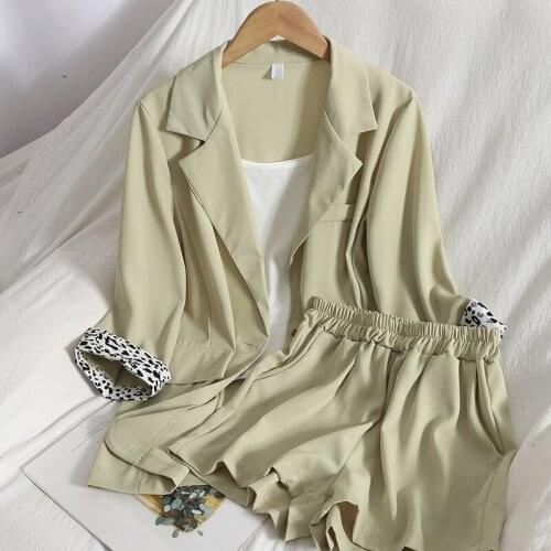 2021 Spring Summer Blazer Suits Elegant Contrast Color Leopard Female Jacket & High Waist Casual Shorts Women Pant 2 Pieces Sets