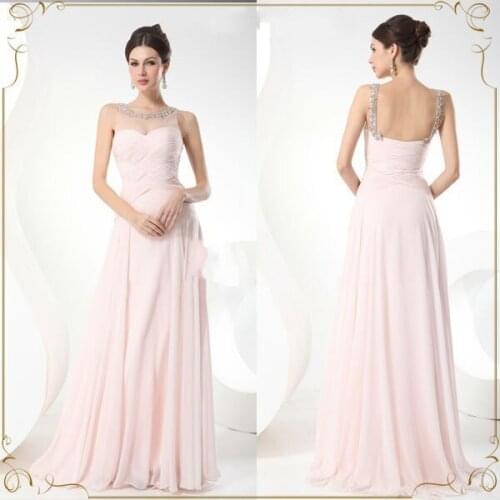 Free shipping pink chiffon long Sexy shiny beaded backless party prom gown high quality elegant evening dress 2015 crystal