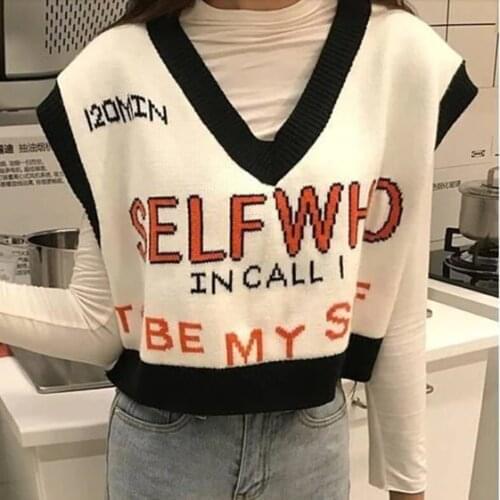 Women Casual Tank Tops 2021 Spring Korean Style Chic Letter V Neck Knitted Sweater Vest Pullover Short Oversized Waistcoat T505