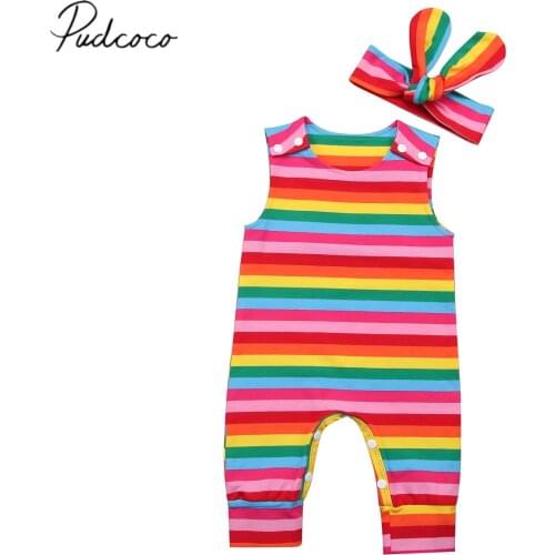 2018 Brand New Cute Infant Toddler Newborn Baby Girls Jumpsuit Romper Headband 2Pcs Rainbow Sleeveless Outfits Colorful Clothes