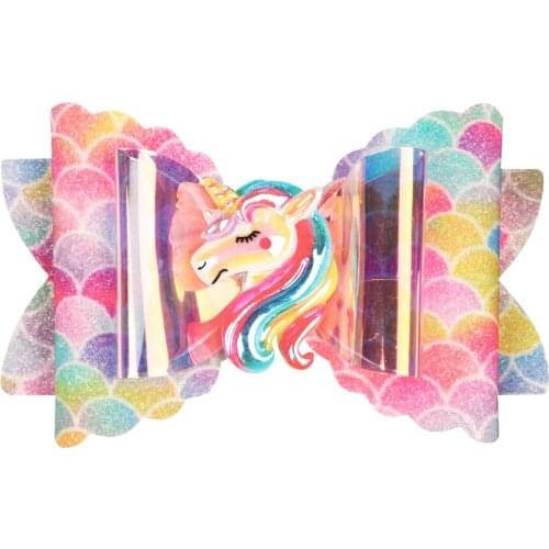 8pcs/set Girls Glitter Hair Bows Unicorn Cartoon Children Hairpins Princess Mermaid PVC Layers Sweet Bows Design Hairgrips